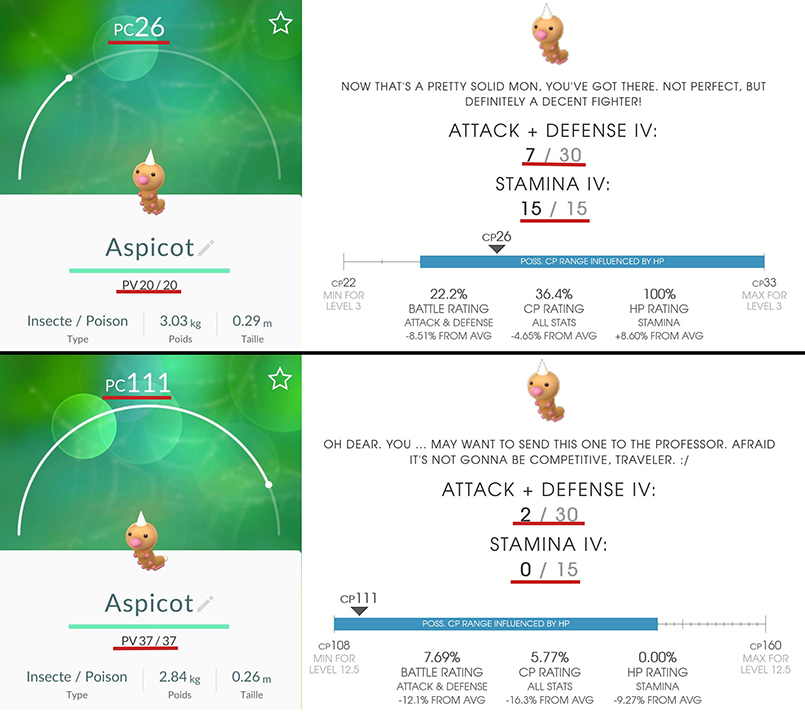 Aspicot PC 26 => Attaque + Défense : 7/30 et Stamina : 15/15 | Aspicot PC 111 => Attaque + Défense : 2/30 - Stamina : 0/15