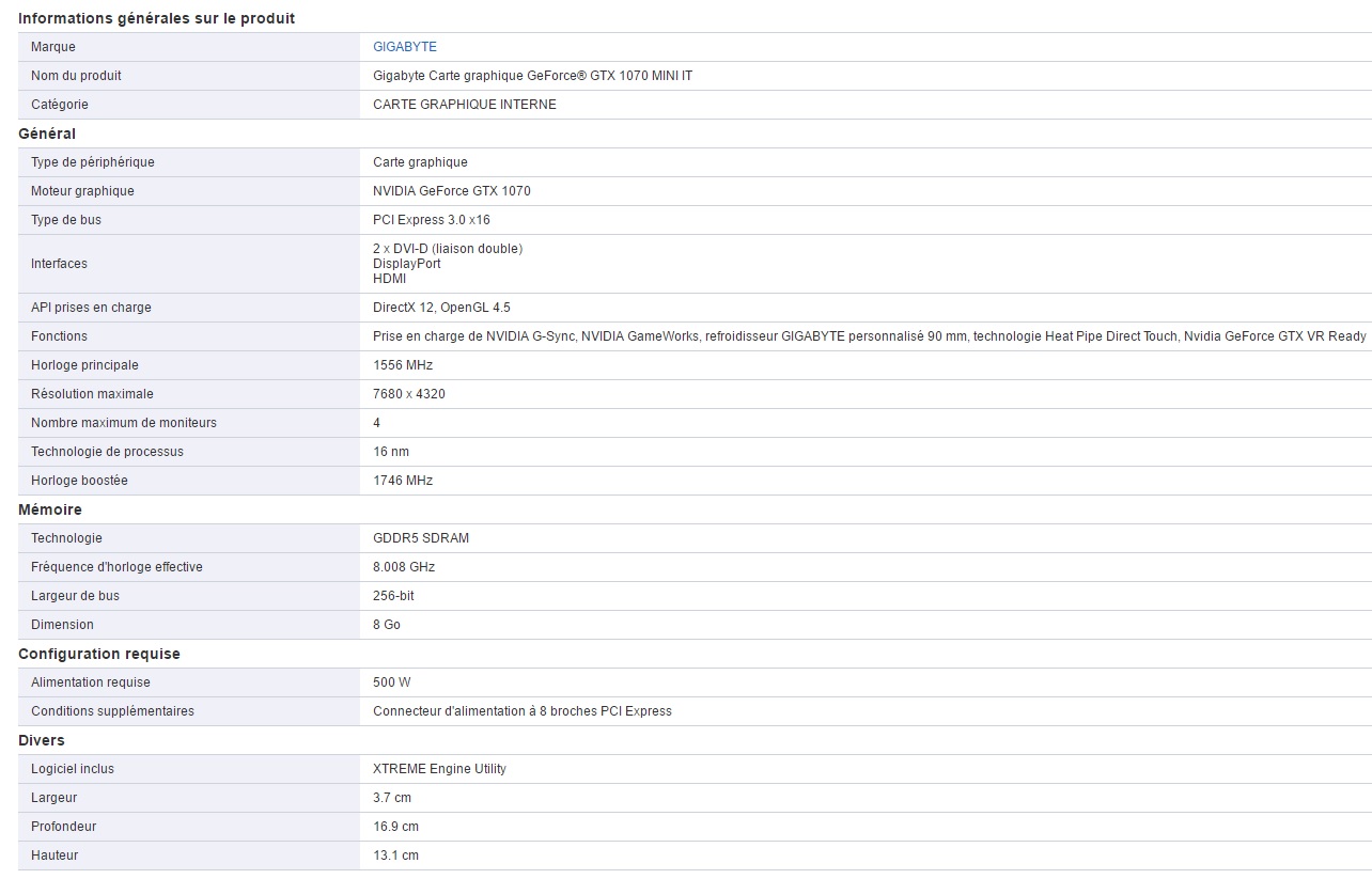 Bon Plan war legend - Carte graphique Gigabyte GeForce GTX 1070 MINI ITX 8Go GDDR5 à 329.99€ stats
