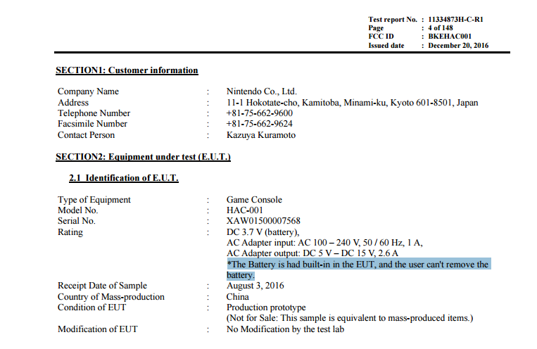Nintendo Switch - La batterie ne serait pas amovible - Rapport de la FCC