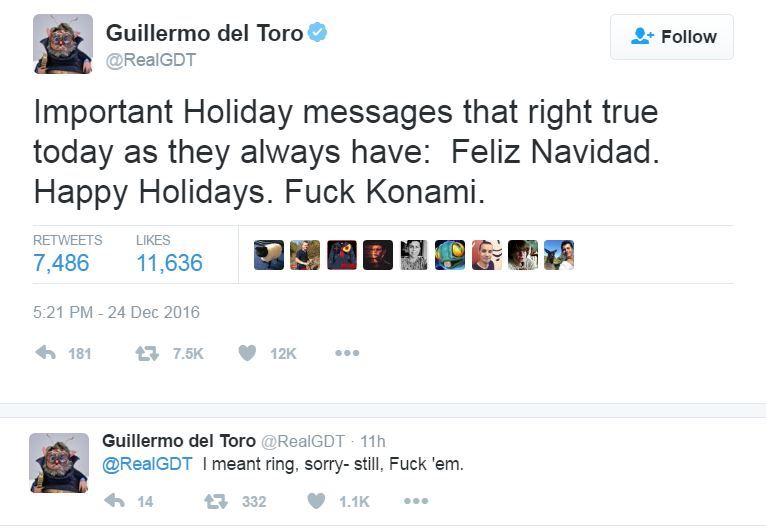 Guillermo del Toro affiche de nouveau sa colère envers Konami - Le tweet fuck Konami