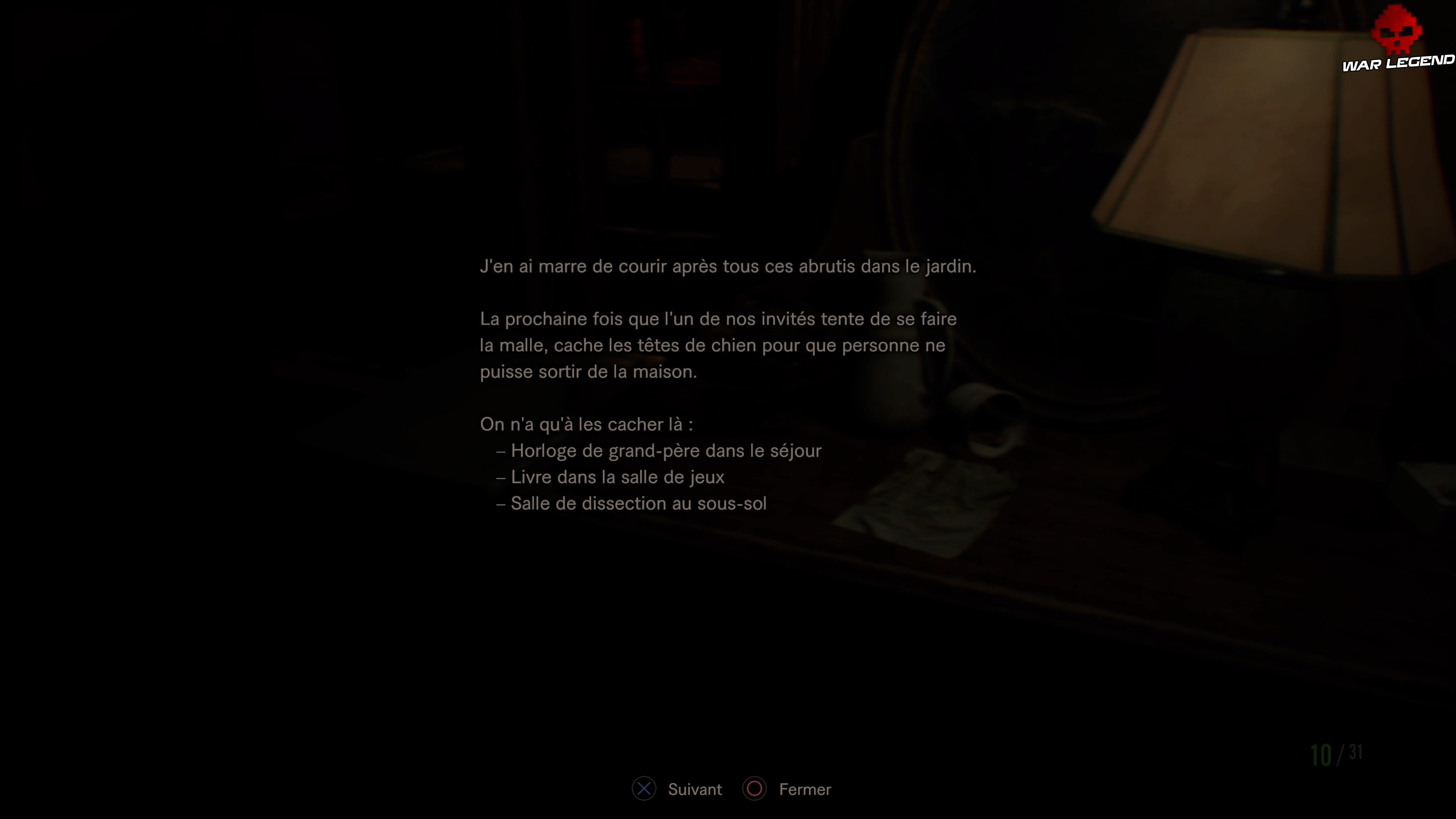 Solution Resident Evil 7 Biohazard - Chapitre 3 note sur les têtes de chien