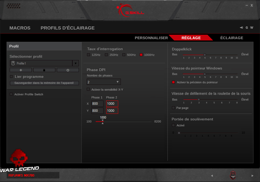 Test G.Skill Ripjaws MX780 RGB logiciel réglages