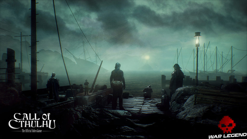 Call of Cthulhu - Des screenshots groupe d'hommes devant la mer, phare au loin