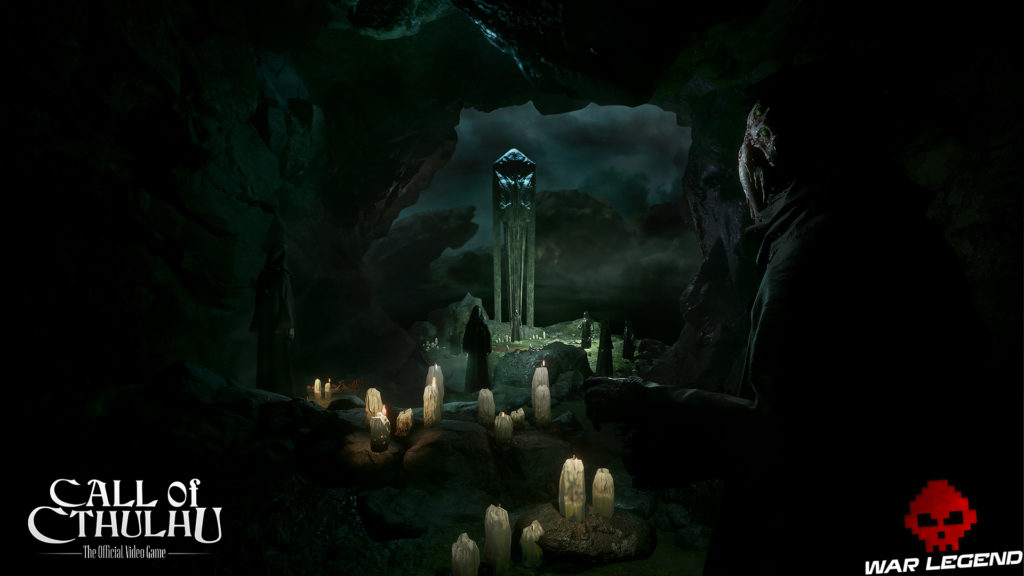 Call of Cthulhu - Des screenshots bougies dans une grottes, monstres encapuchonnés