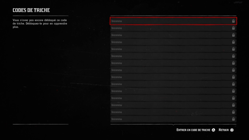 Guide Red Dead Redemption 2 menu des codes de triche