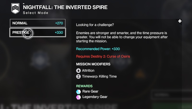 texte expliquant qu'il est nécessaire d'acheter le DLC la malédiction d'osiris pour Destiny 2