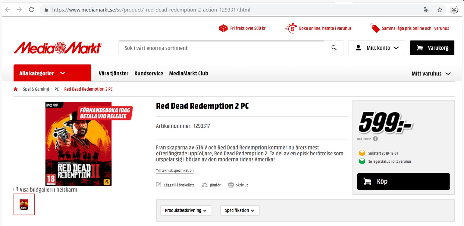 Page produit Red Dead Redemption 2 PC