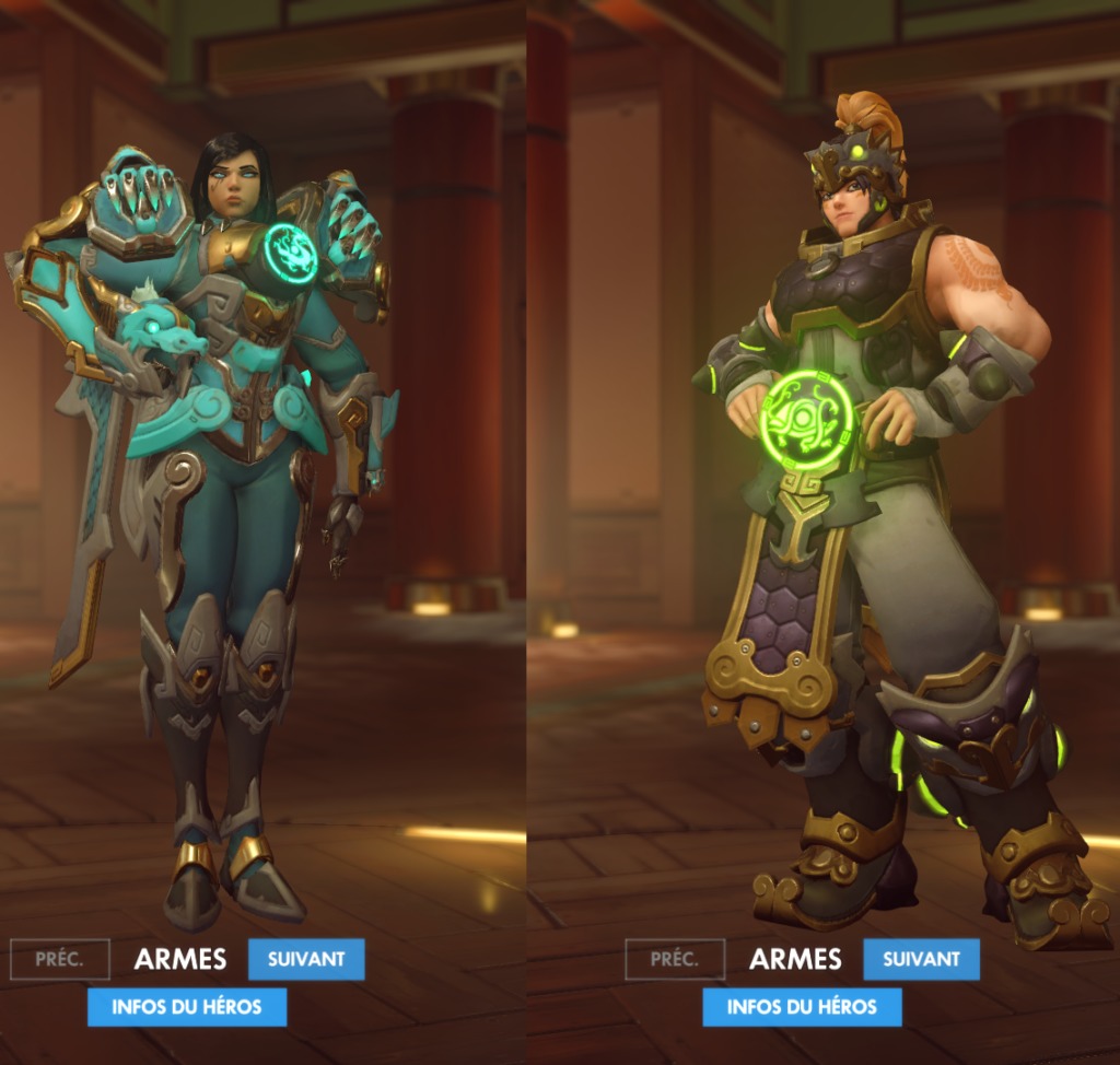 Les modèles de Pharah (Qinglong) et Zarya (Xuanwu)