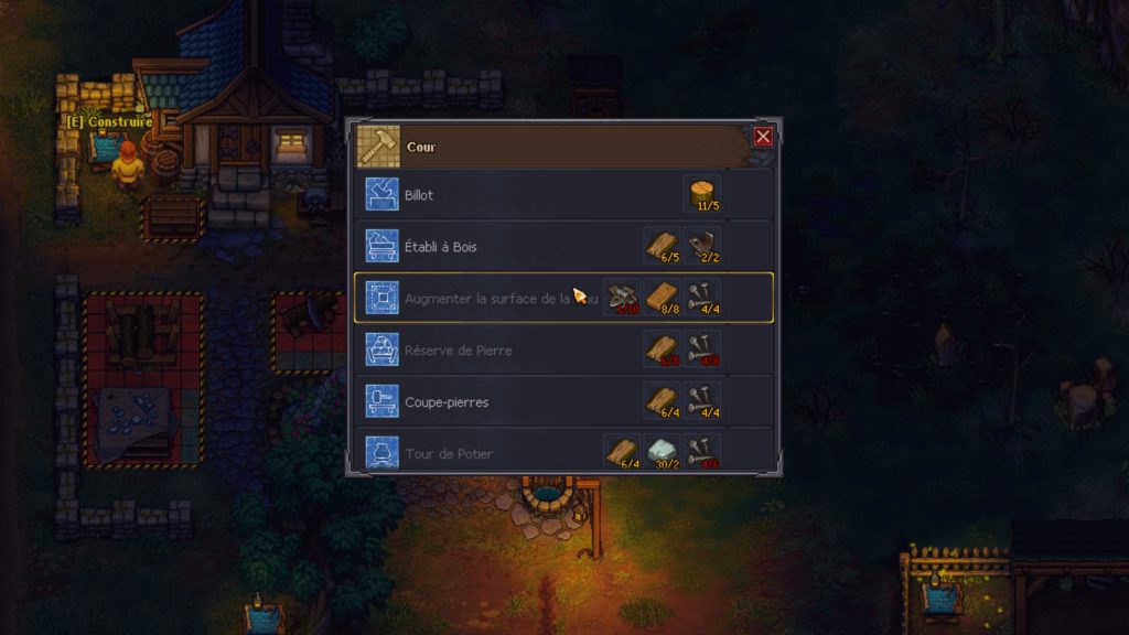 Menu de craft de Graveyard Keeper