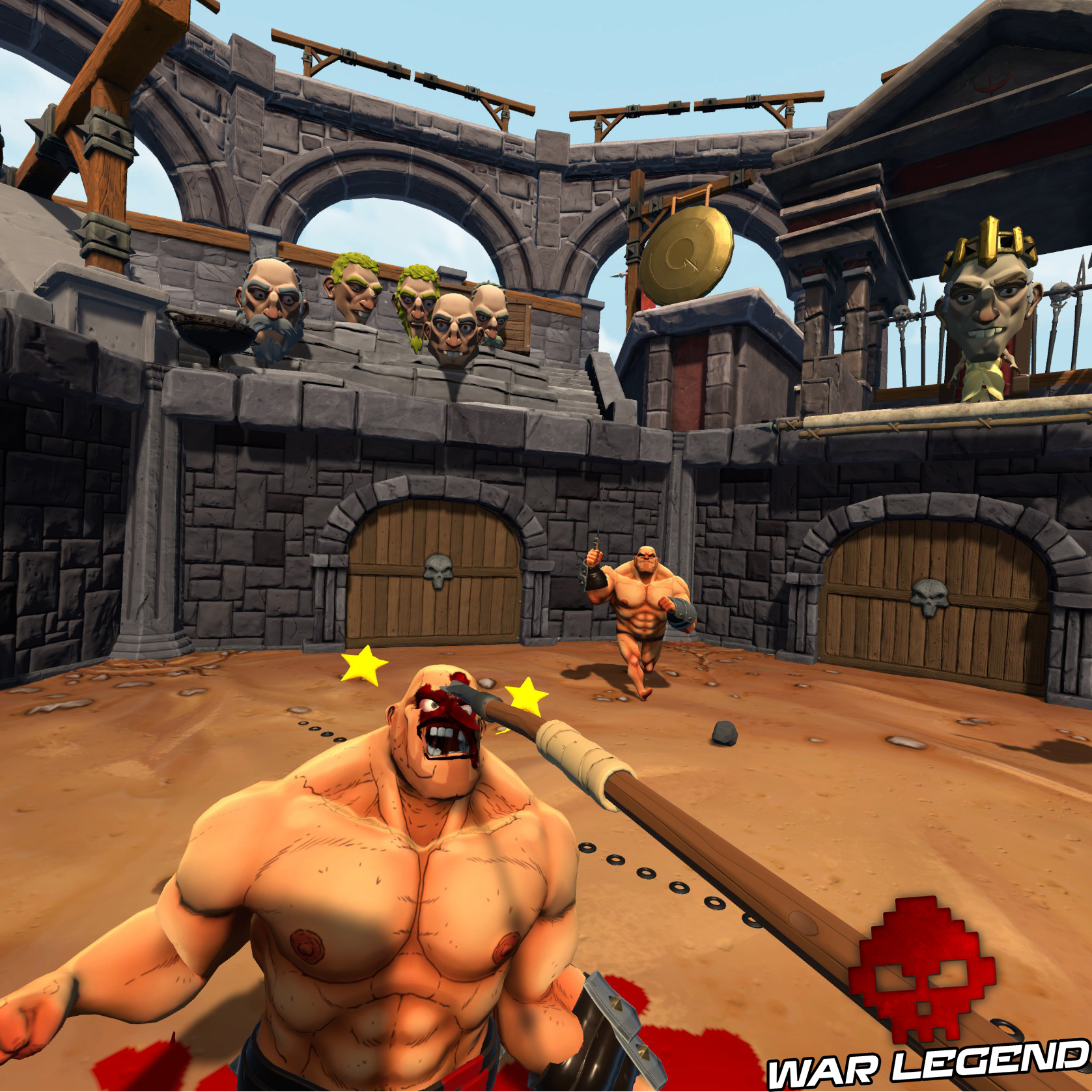 pointe de lance dans la tête d'un gladiateur, deux étoiles tournent autour de son crâne