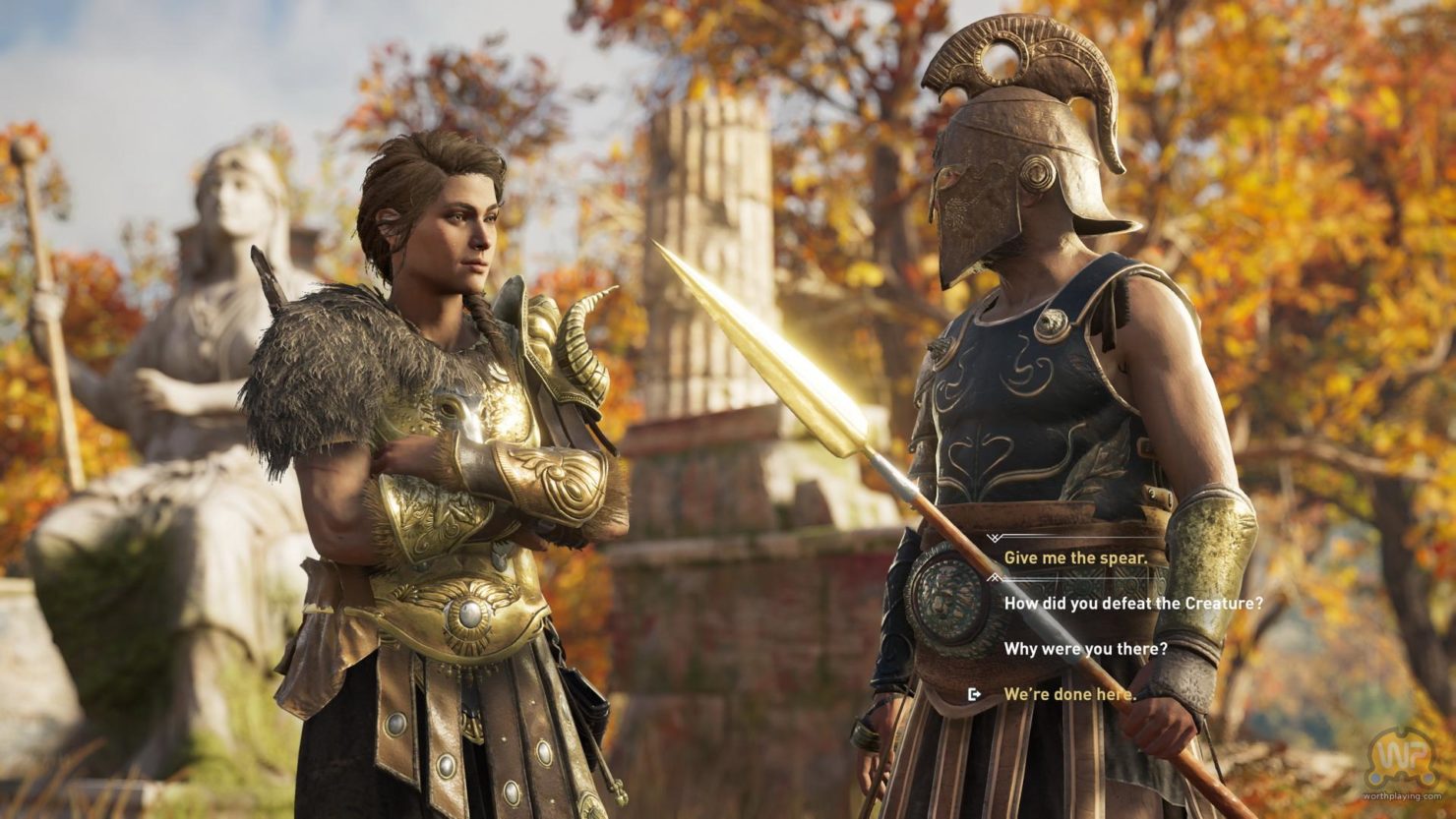 Assassin's Creed Odyssey Kassandra face à un soldat, phase de dialogue