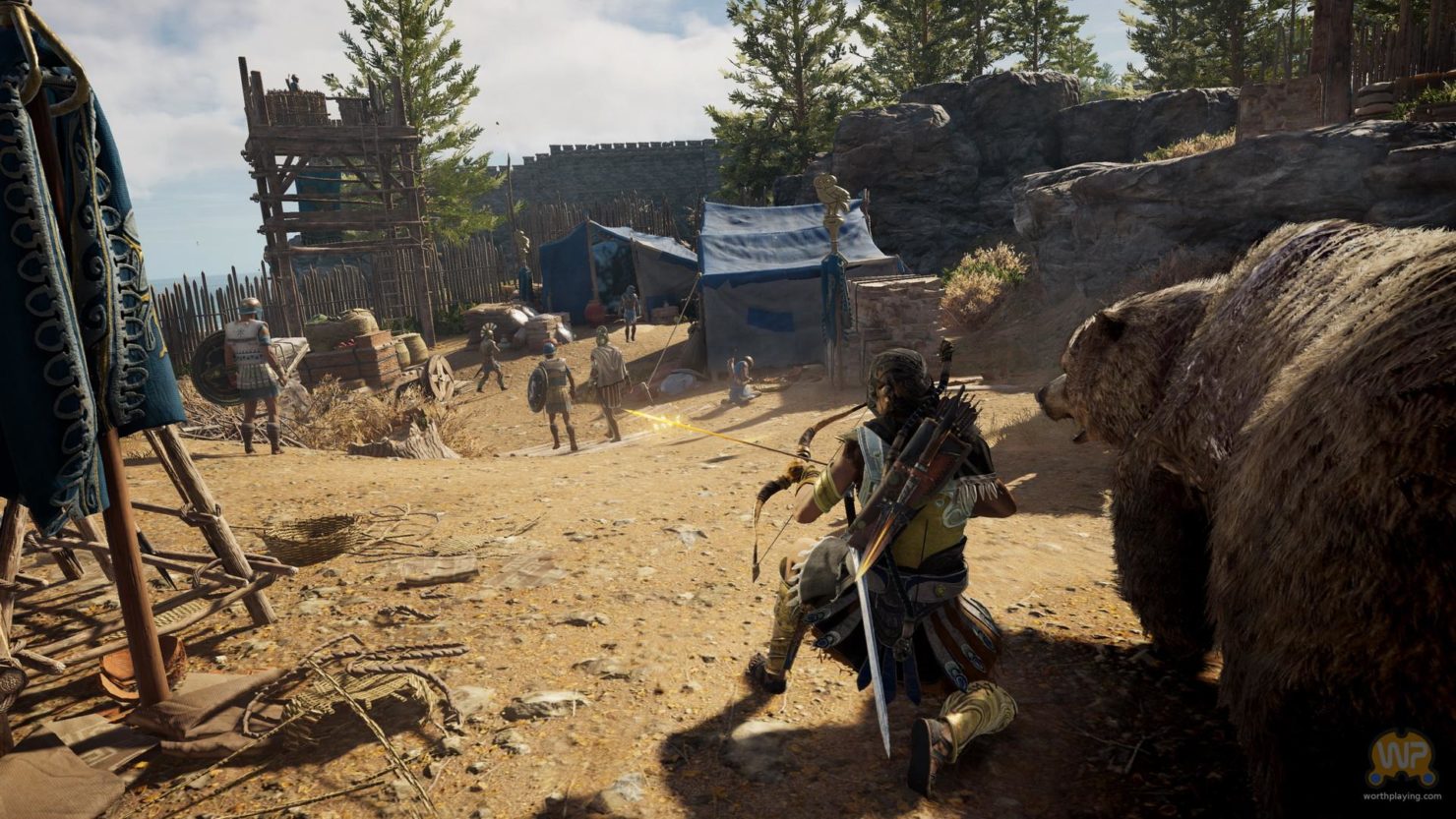 Assassin's Creed Odyssey assassin bandant son arc, accroupi à l'ombre d'un ours et devant plusieurs personnages au loin