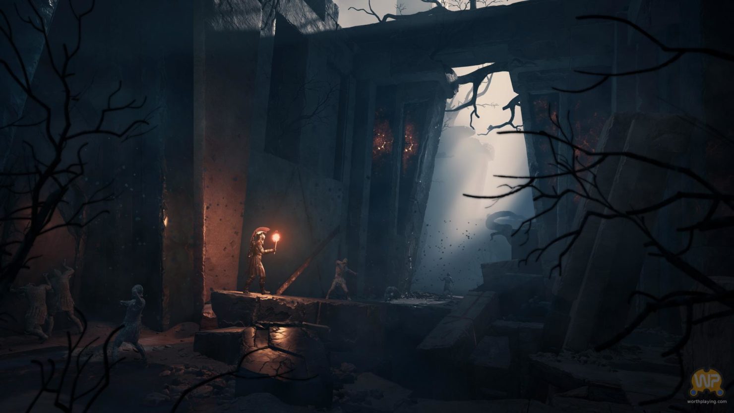 Assassin's Creed Odyssey édifice dans la pénombre, trouée de lumière par une ouverture au centre