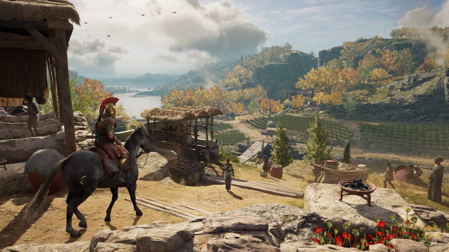 Assassin's Creed Odyssey Alexios à cheval devant vignes vertes