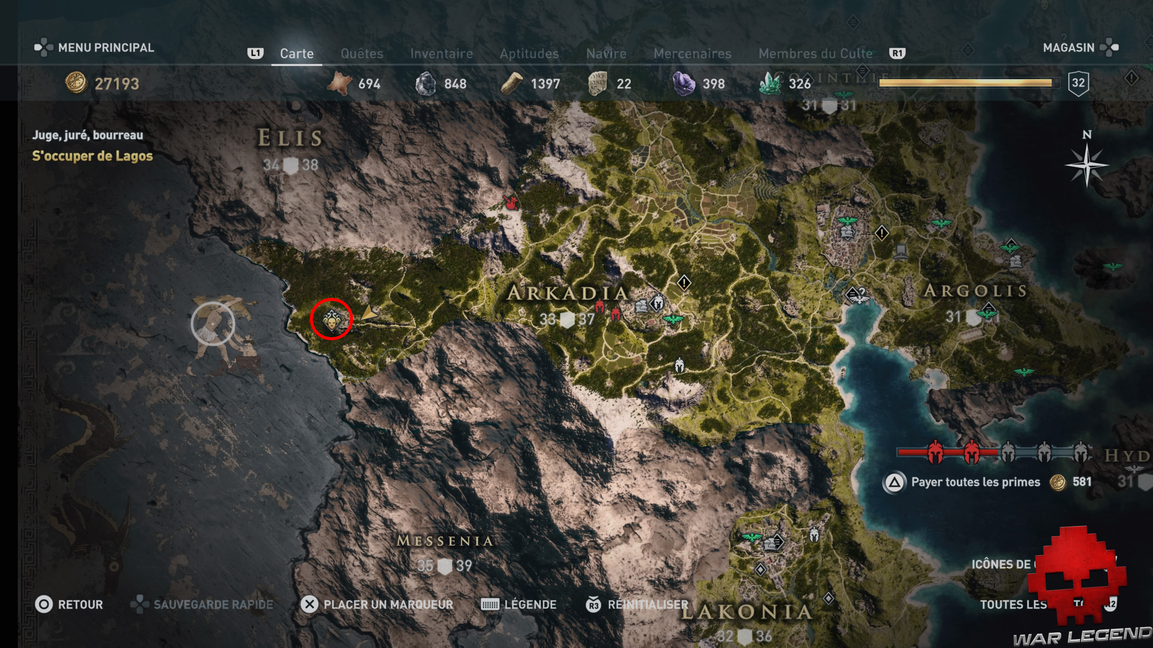 Guide adeptes culte de Kosmos assassin's creed Odyssey - Carte arkadia emplacement adepte lagos