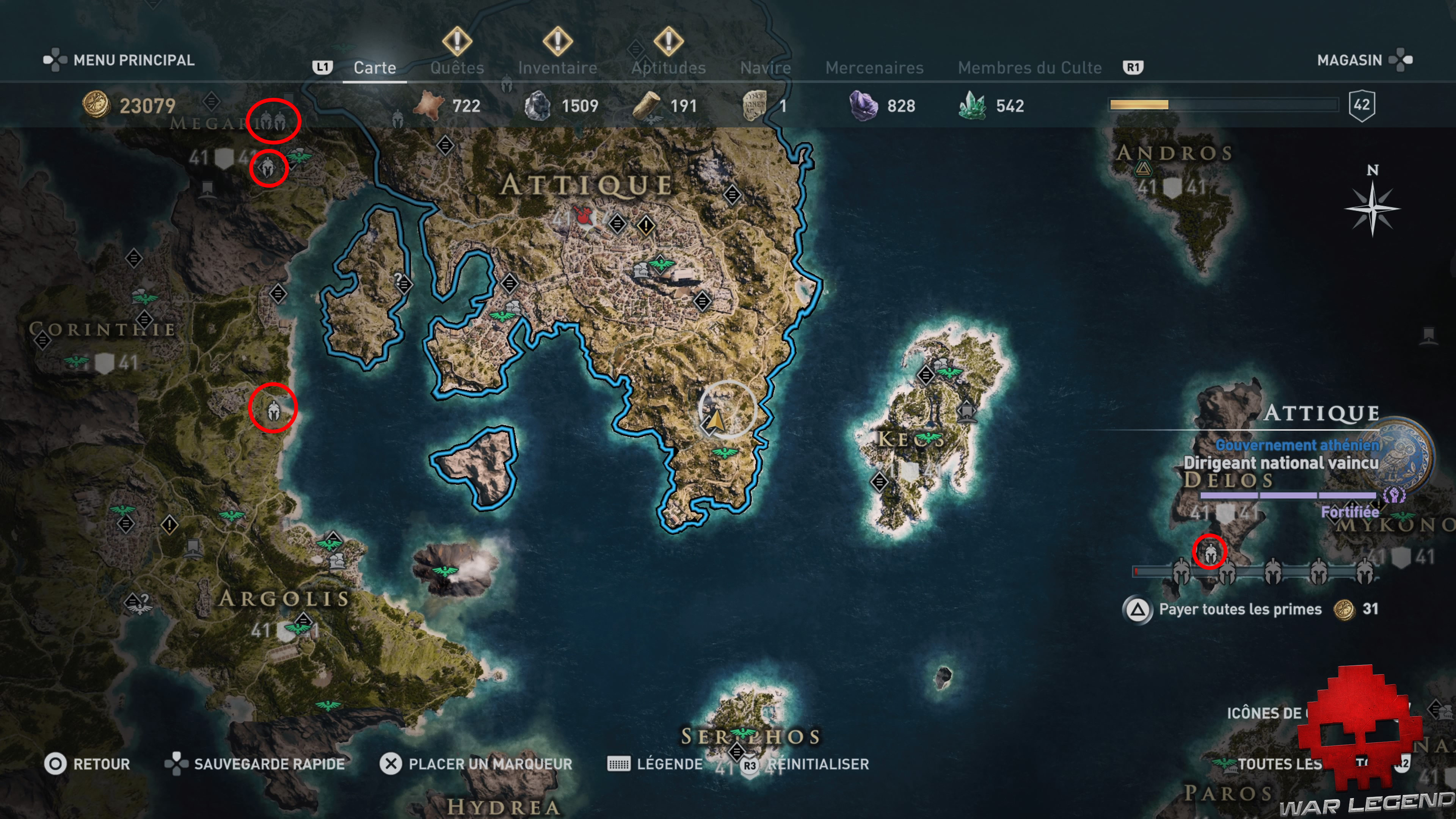 Guide mercenaires Assassin's Creed Odyssey - Carte du monde avec casques blancs entourés
