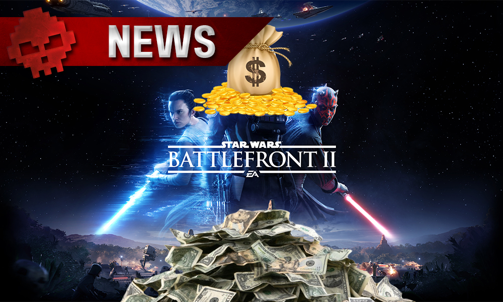 battlefront II rey à gauche, trooper à tête en forme de sac d'or au milieu, dark maul à droite, tas de billets en bas
