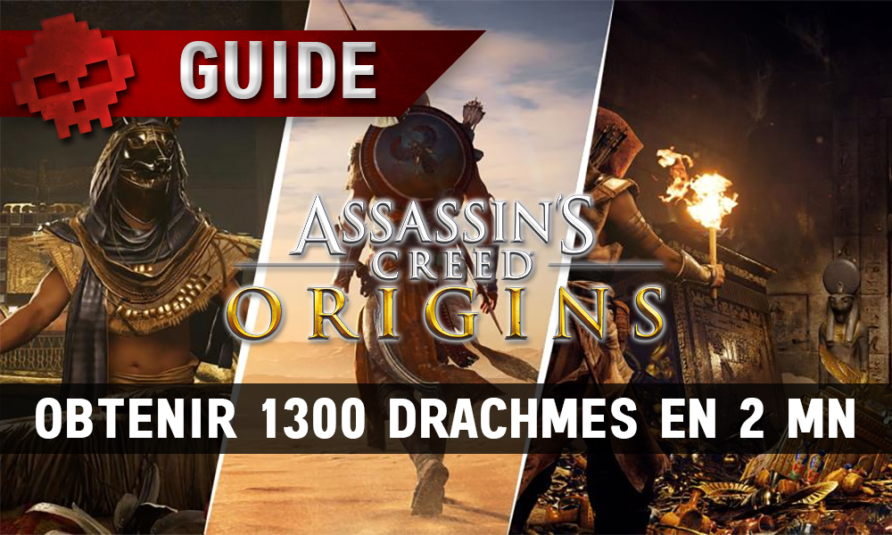 trio d'artworks assassin's creed origins mettant en scène bayek + logo du jeu Assassin's Creed Origins et bandeau guide