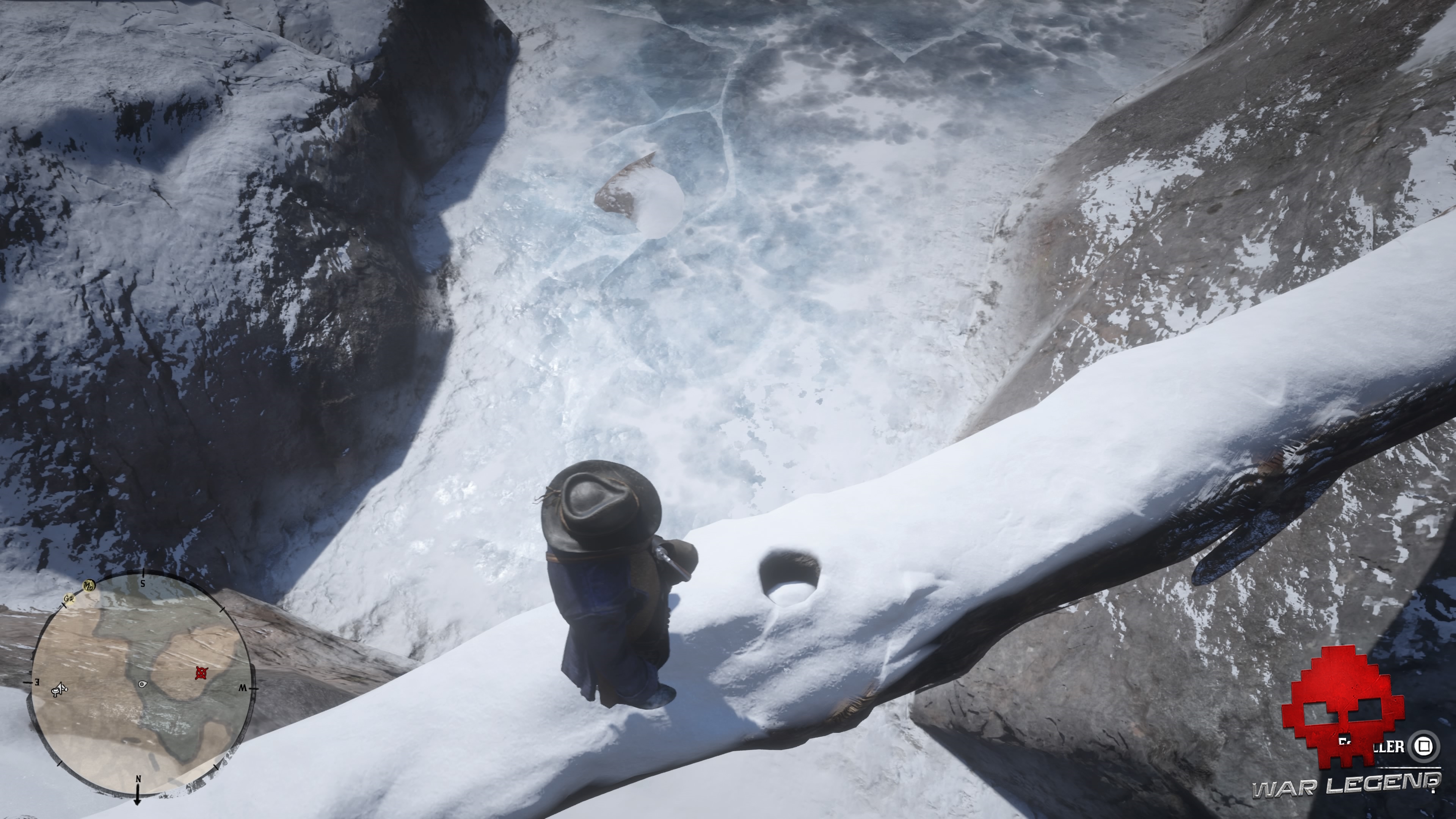 Soluce Red Dead Redemption 2 Le trésor à gros enjeux Arthur se tient sur le tronc d'arbre où se trouve la troisième partie de la carte au trésor à gros enjeux