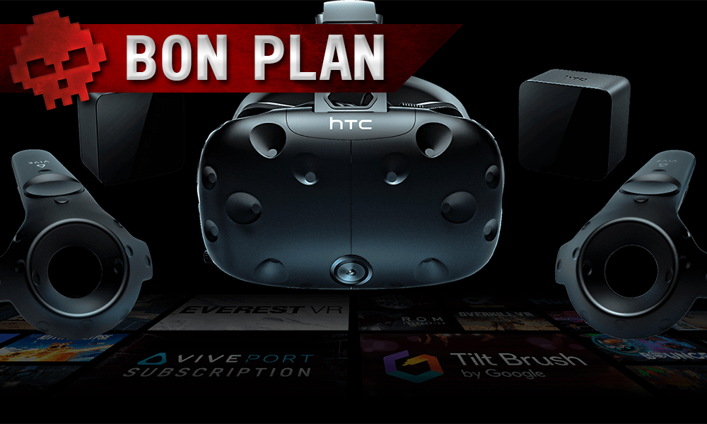 htc vive, htc wands et lighthouses sur fond noir avec bandeau bon plan