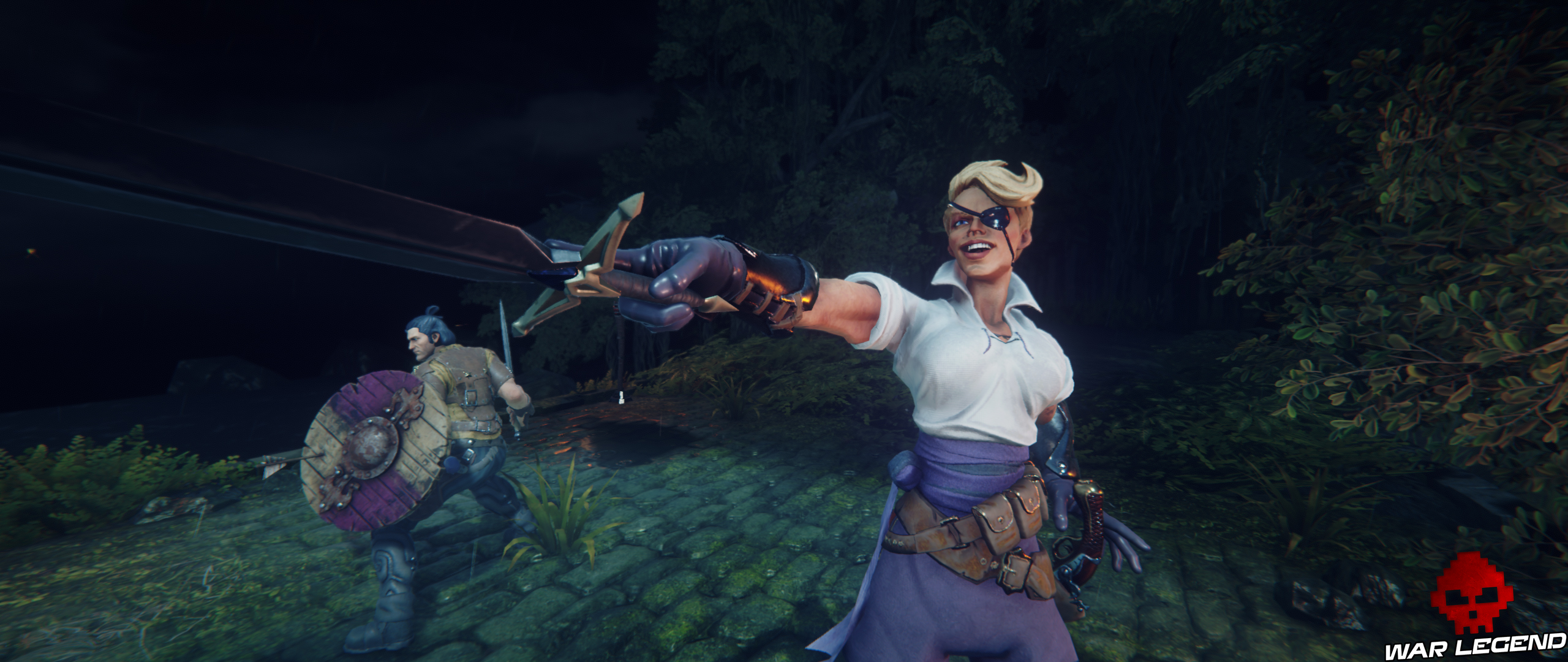 alliée au premier plan, tendant l'épée vers l'ennemi, héros en arrière-plan