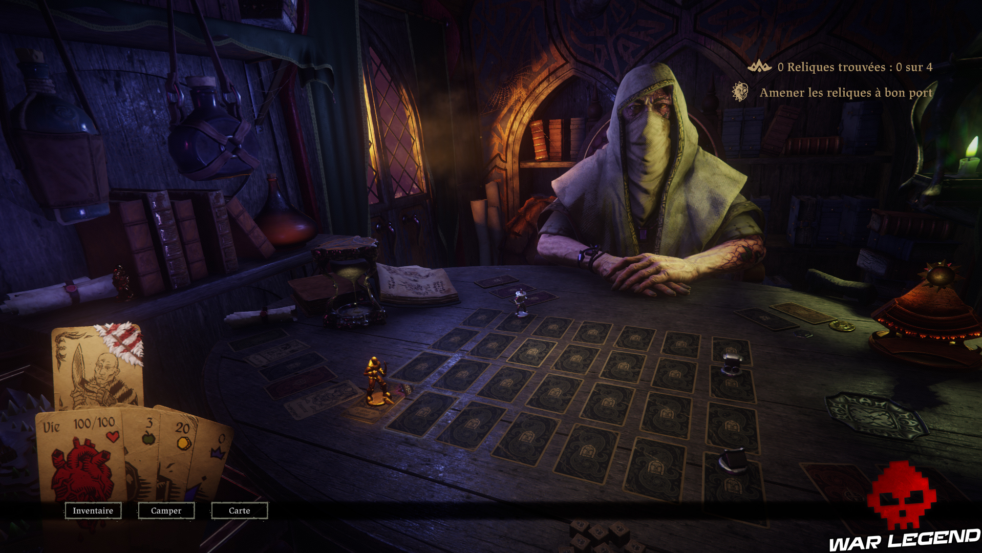 carré composé de nombreuses cartes, pion posé sur l'une d'elles en bas à gauche, donneur en face du joueur