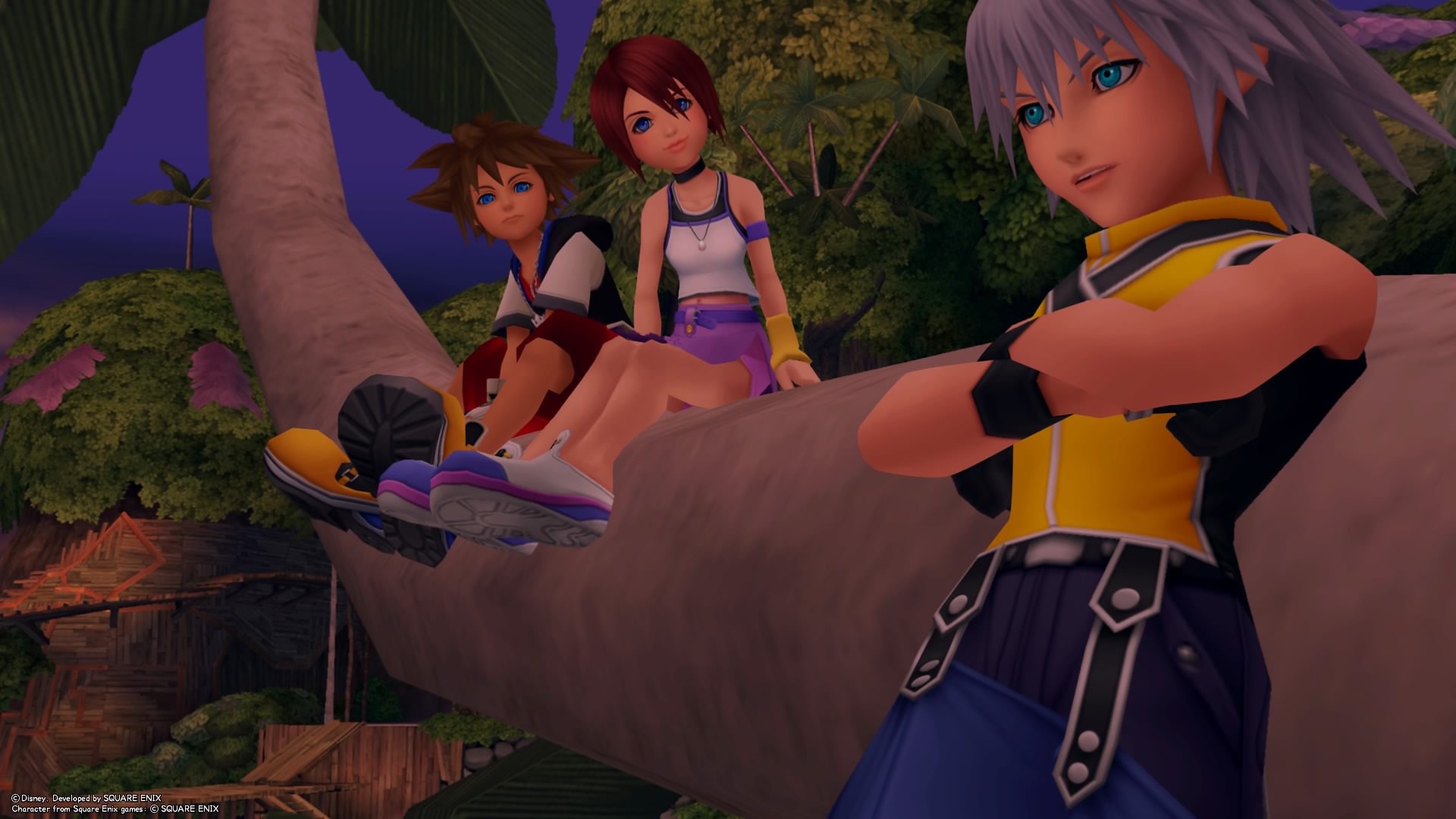 Sora, Riku et Kairi sur un palmier