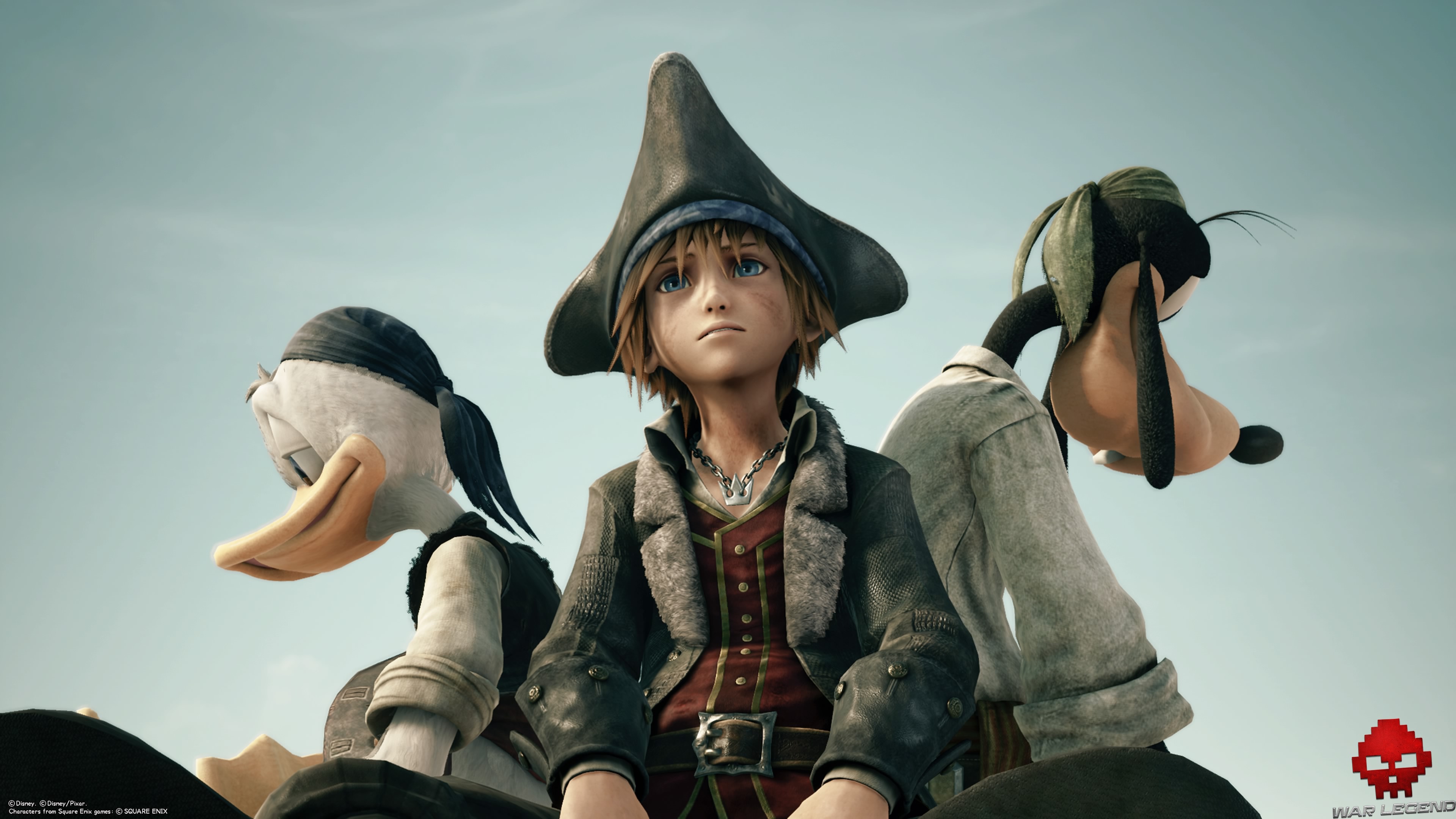 Sora, Donald et Dingo dans leur tenue de pirate