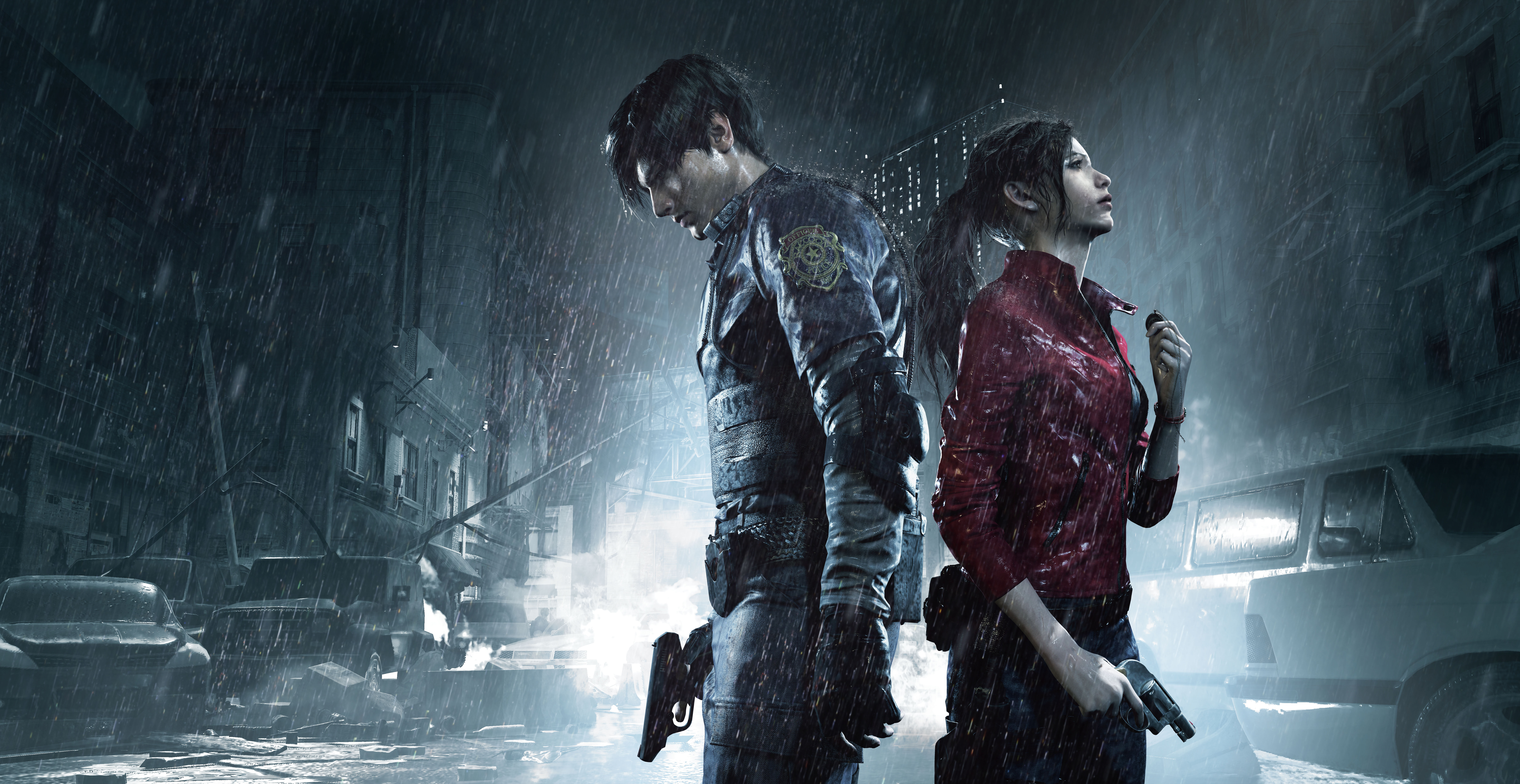 Claire Redfield et Leon S. Kennedy dos à dos sous la pluie, dans la rue Resident Evil 2 Remake