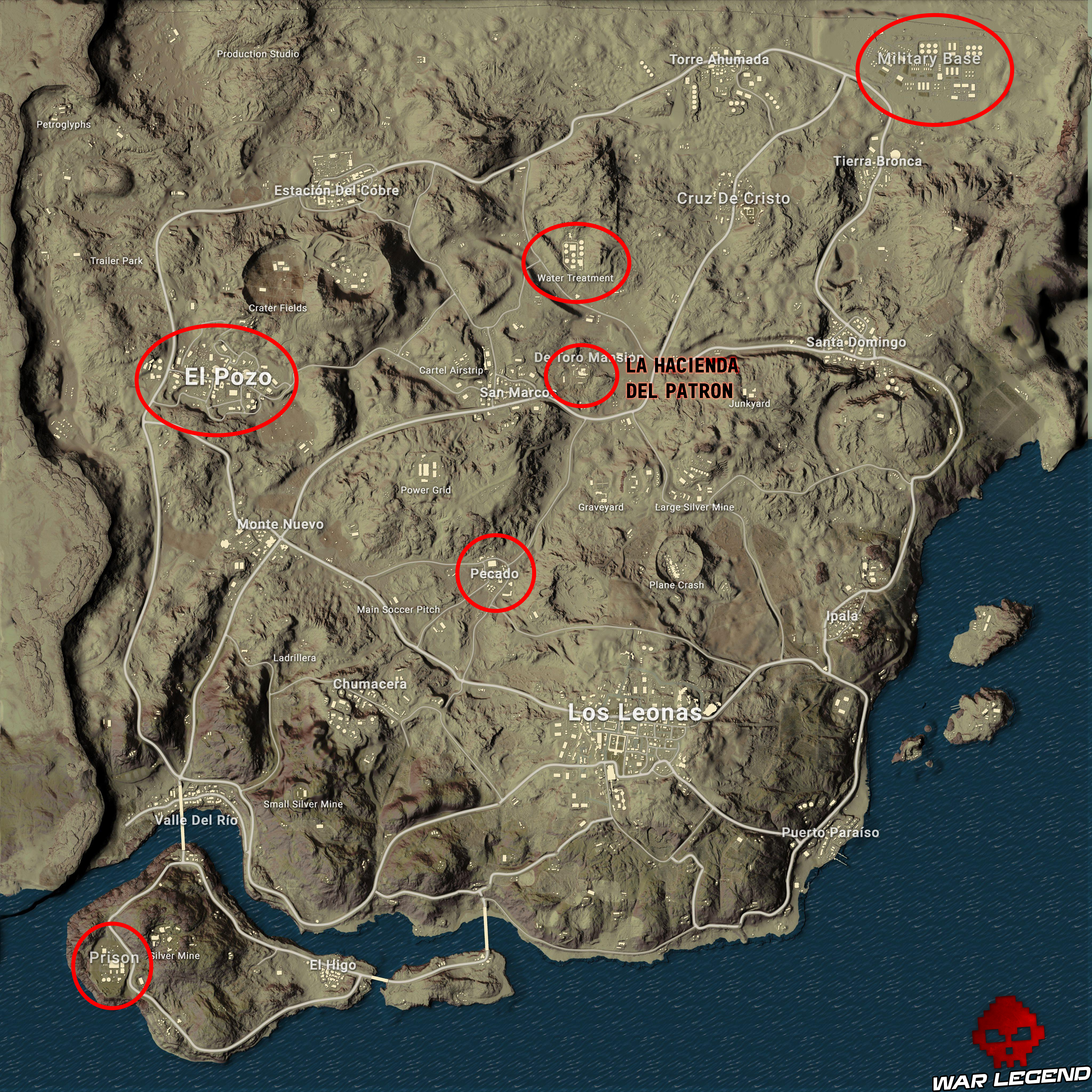 carte miramar pubg points d'intérêt entourés en rouge