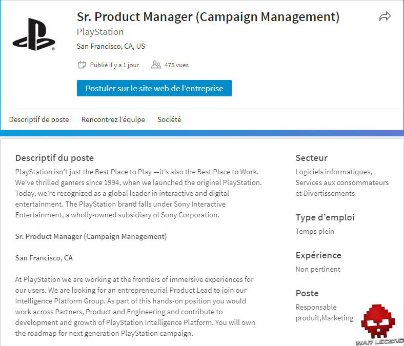 Offre d'emploi senior product manager sony interactive entertainment