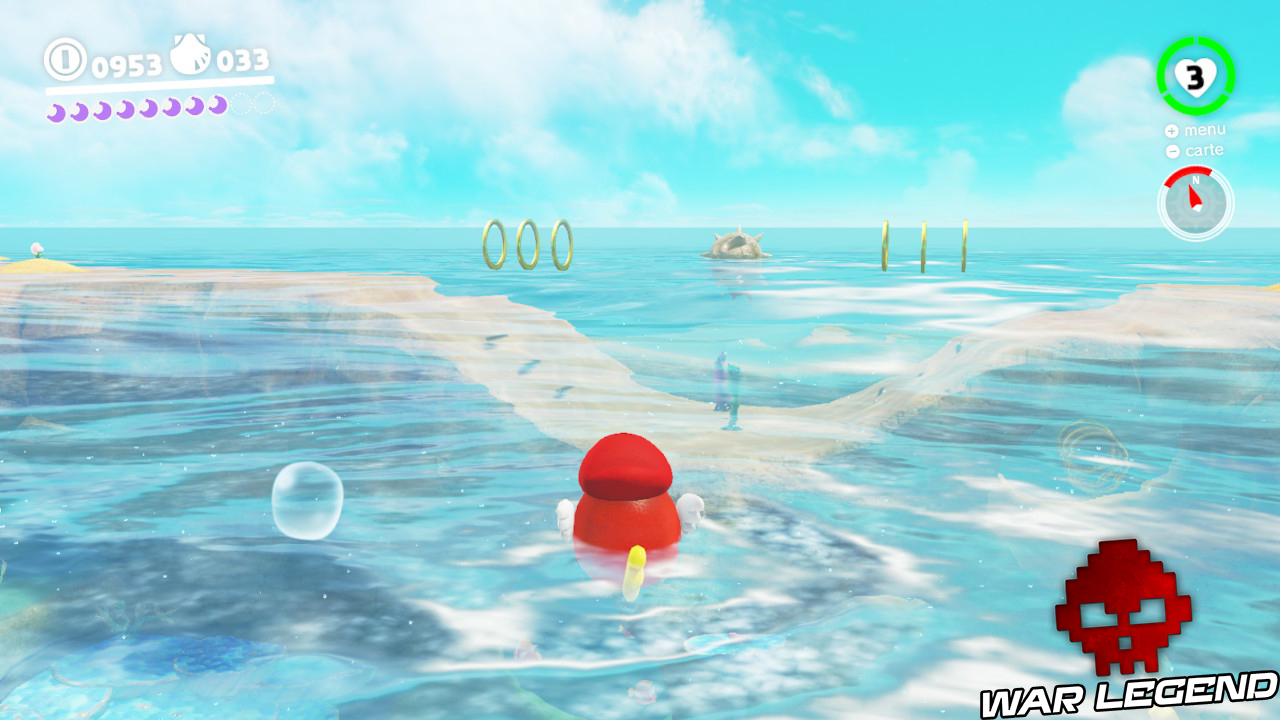 Mario sous forme de poisson, deux séries de trois anneaux dorés au loin sur l'eau