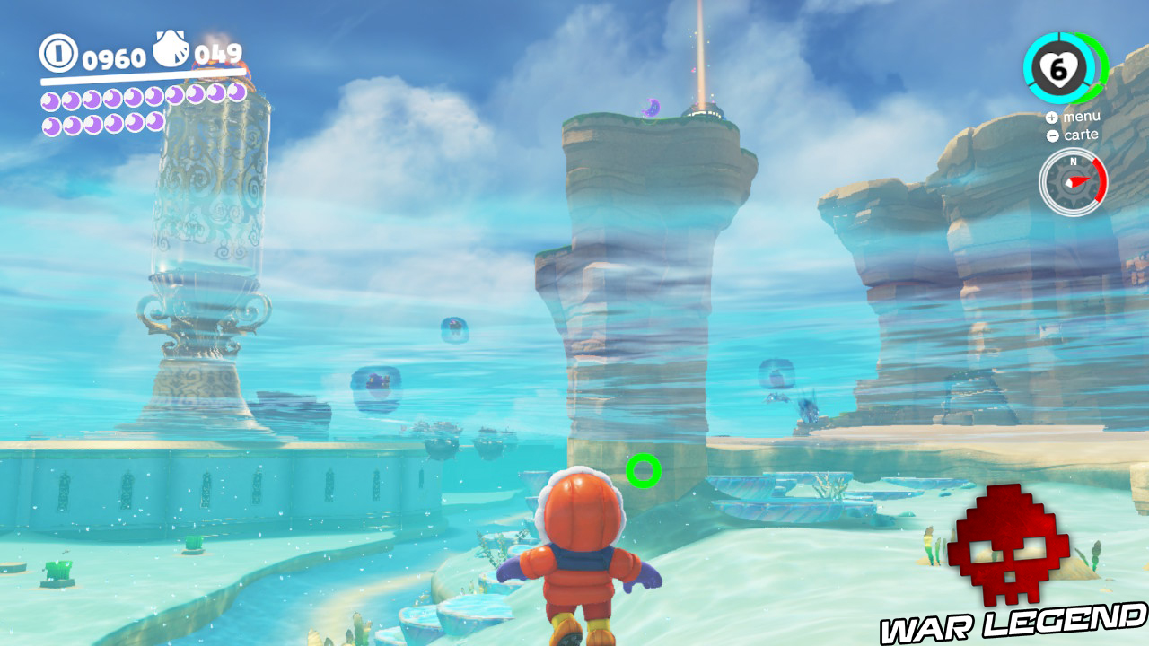 mario en apnée sous l'eau, lune rose au sommet d'un piton rocheux