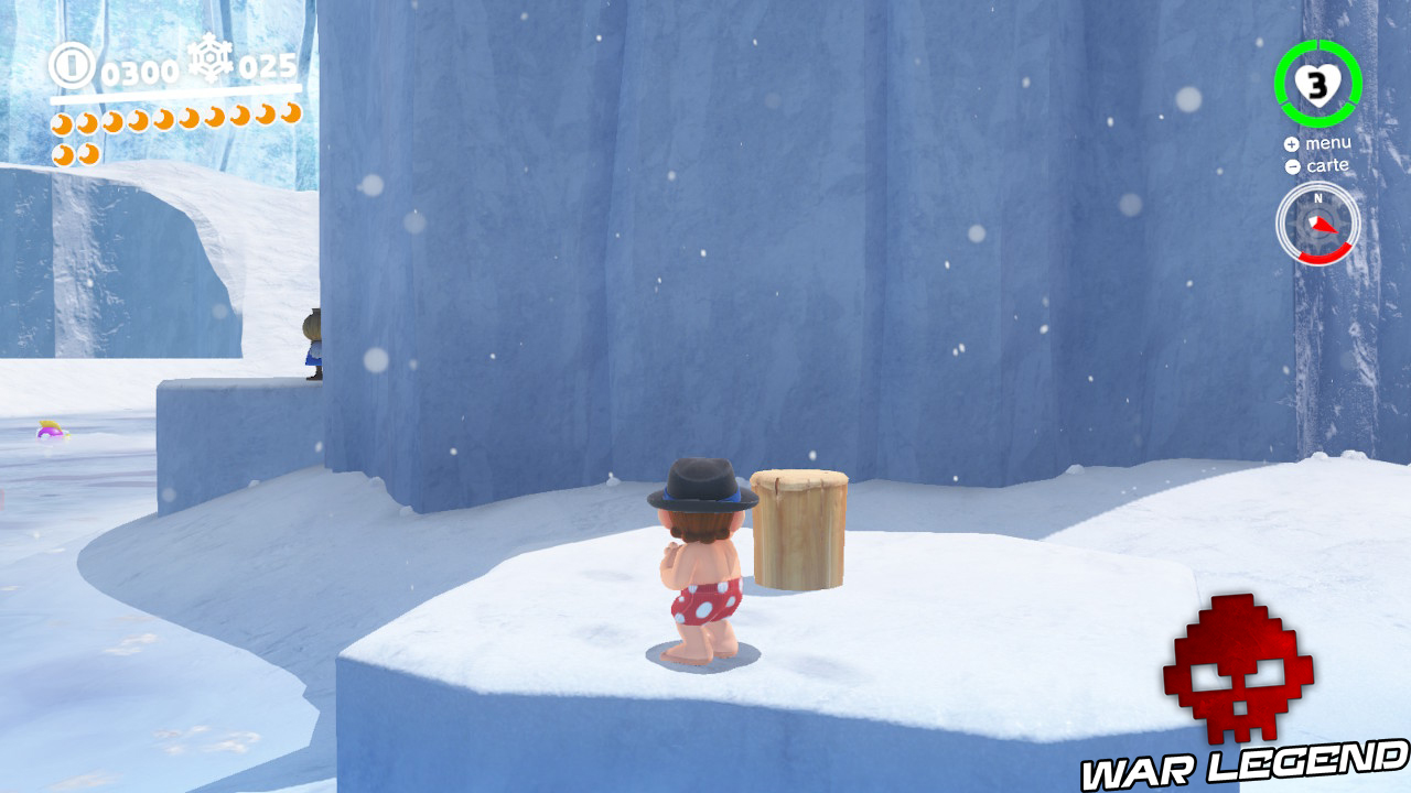 pieu en bois planté dans le sol neigeux, épouvantail caché un peu plus loin