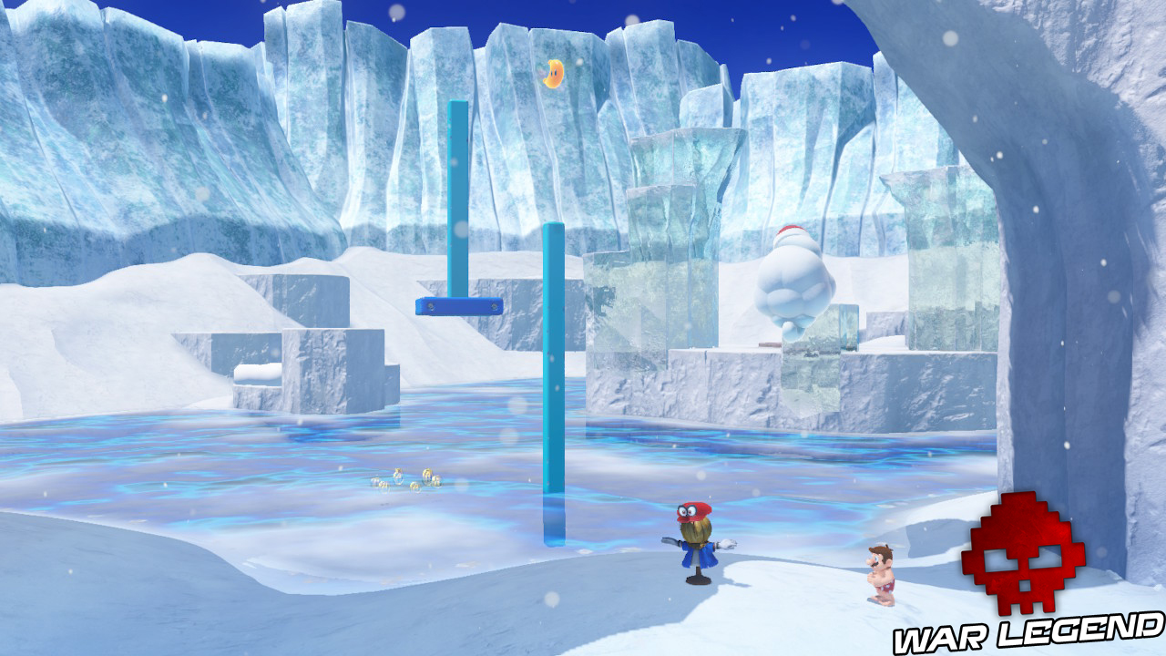 poteaux bleus plantés dans l'eau glaciale, paysage neigeux et glacé