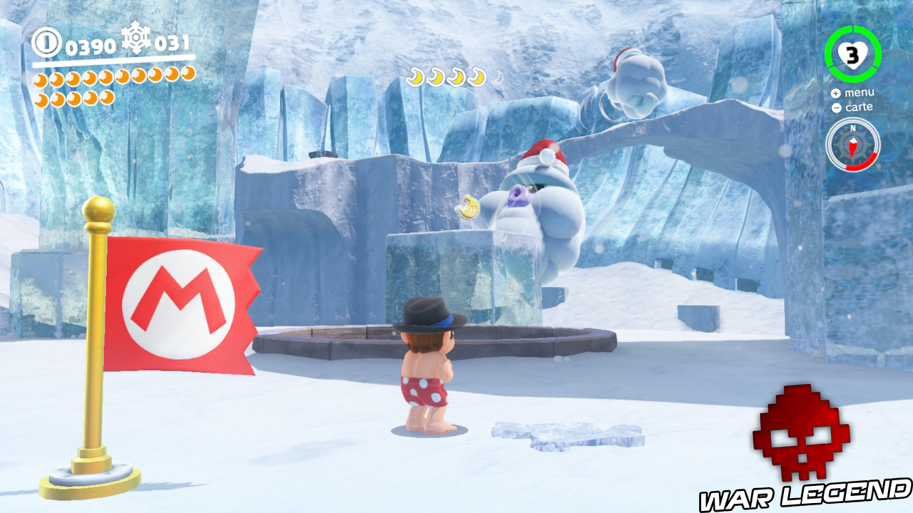 mario à droite d'un drapeau "M", massif de glace plus loin avec éclat de lune