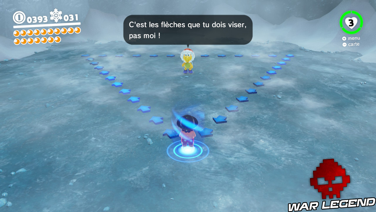 Koopa discutant avec mario, flèches bleues dessinées au sol et formant un triangle
