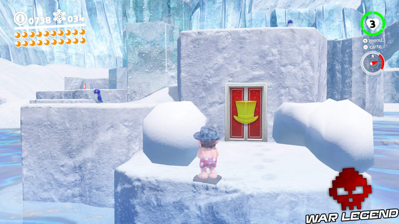 mario frigorifié - peau bleutée - devant une porte rouge avec dessin de chapeau doré