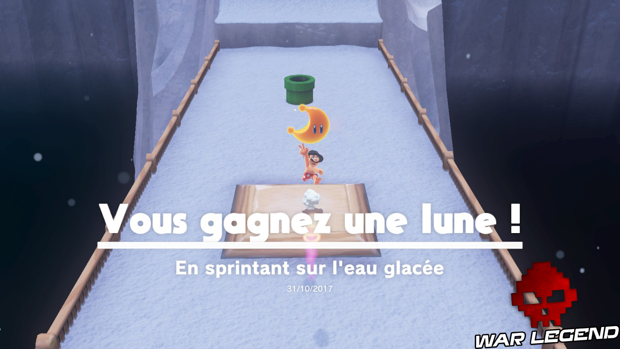 Texte "Vous gagnez une lune" mario saute sur une plateforme avec une lune, tuyau vert en arrière-plan