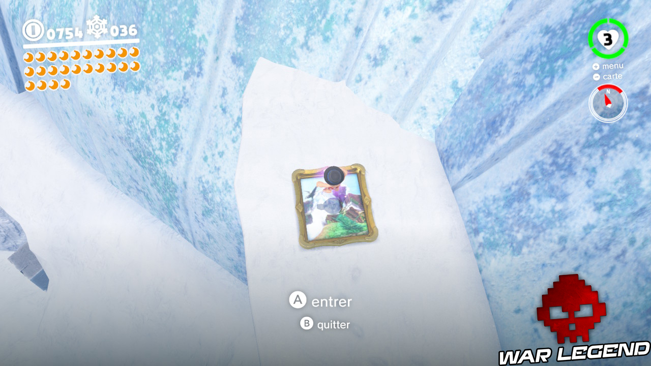 mario levitante au-dessus d'un tableau représentant le Pays des chutes