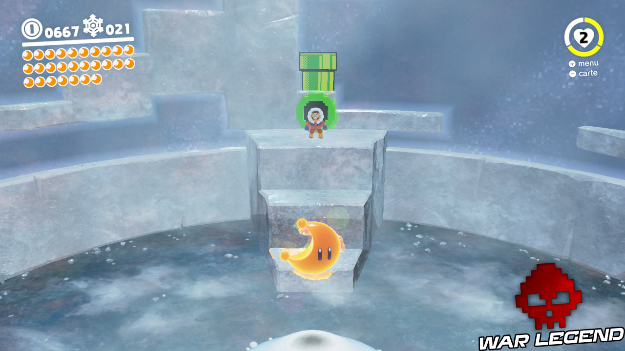 Mario s'extrayant d'un tuyau vert pour aller récupérer une lune