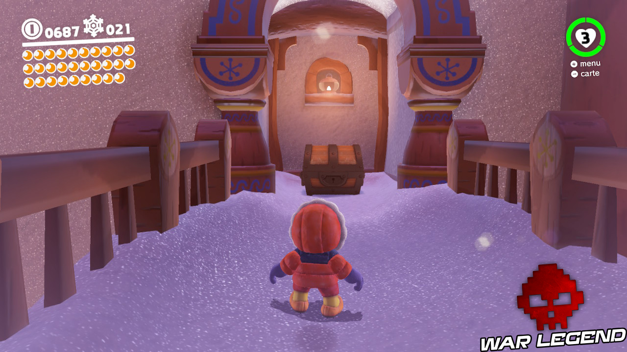 mario devant un trésor au milieu d'une arche, dans la neige