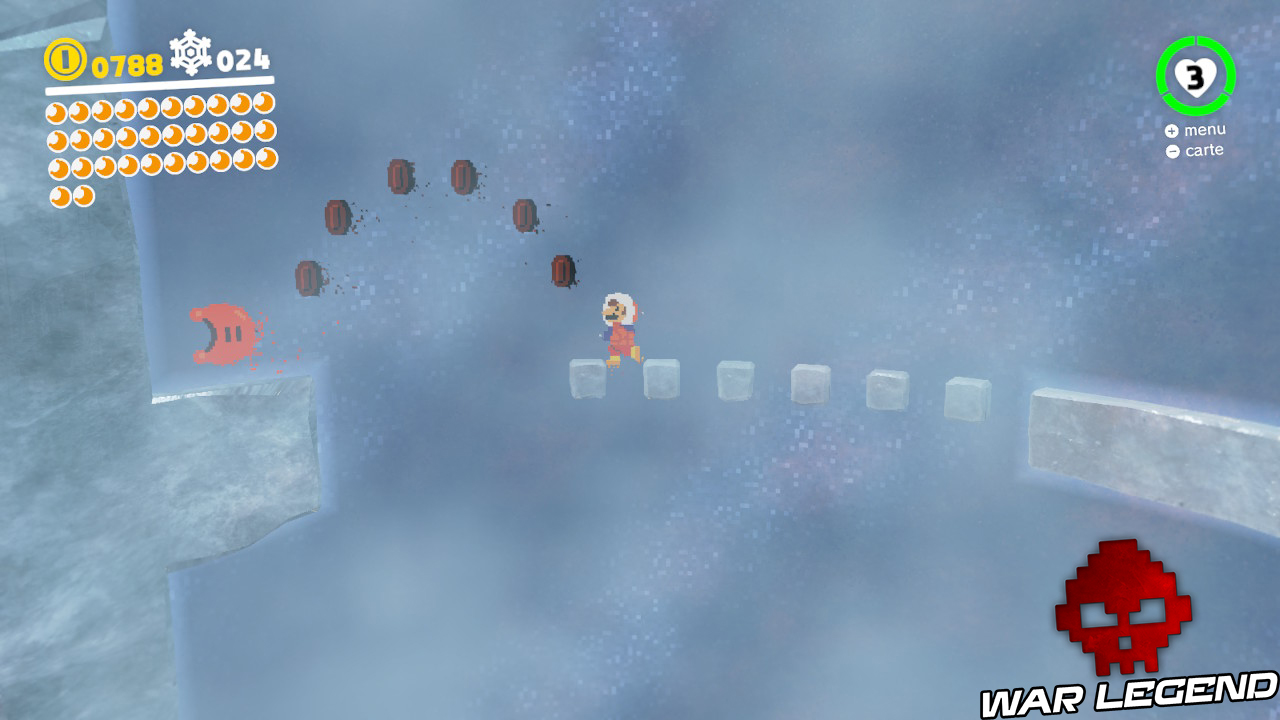 Mario sprintant sur un chemin parsemé de trou et se préparant à sauter un arc de cercles fait de pièces pour atteindre une lune