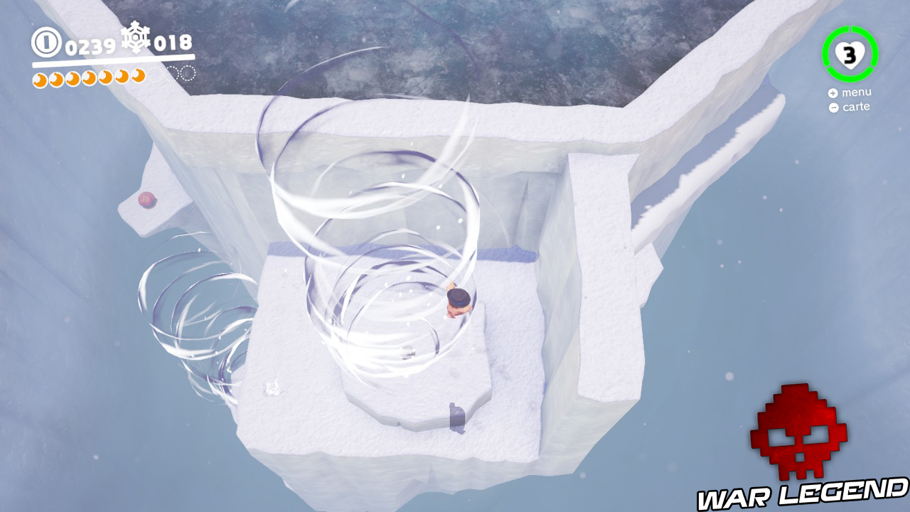 mario pris dans une tornade avec paysage de neige