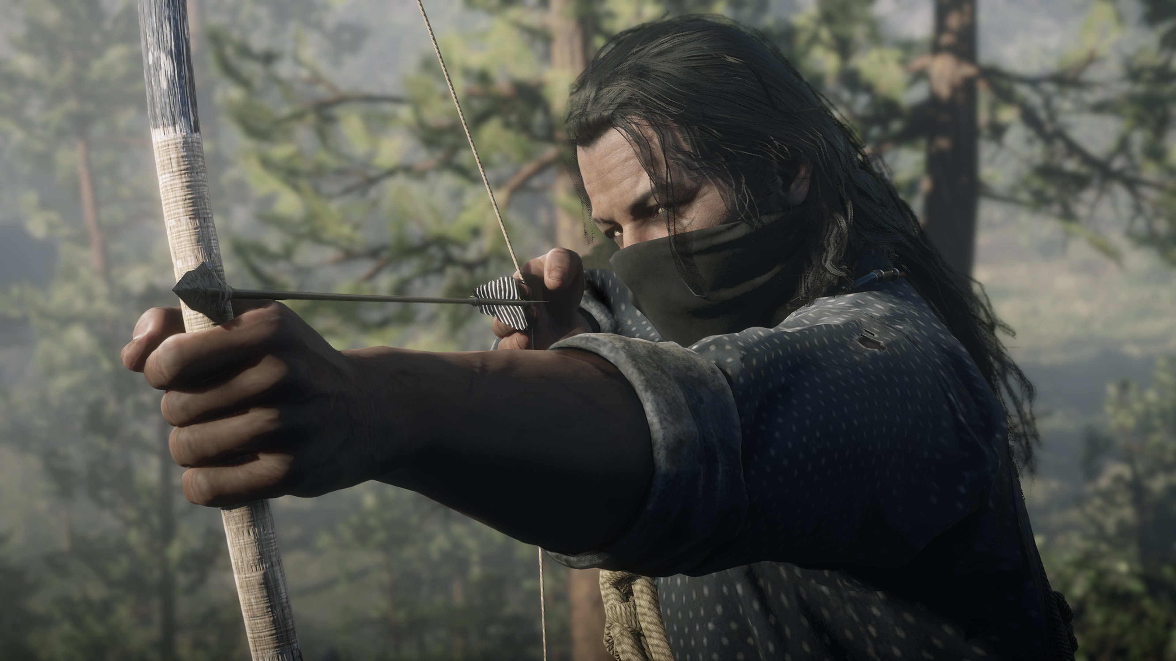 Red Dead Redemption 2 screenshot homme au visage couvert bande son arc
