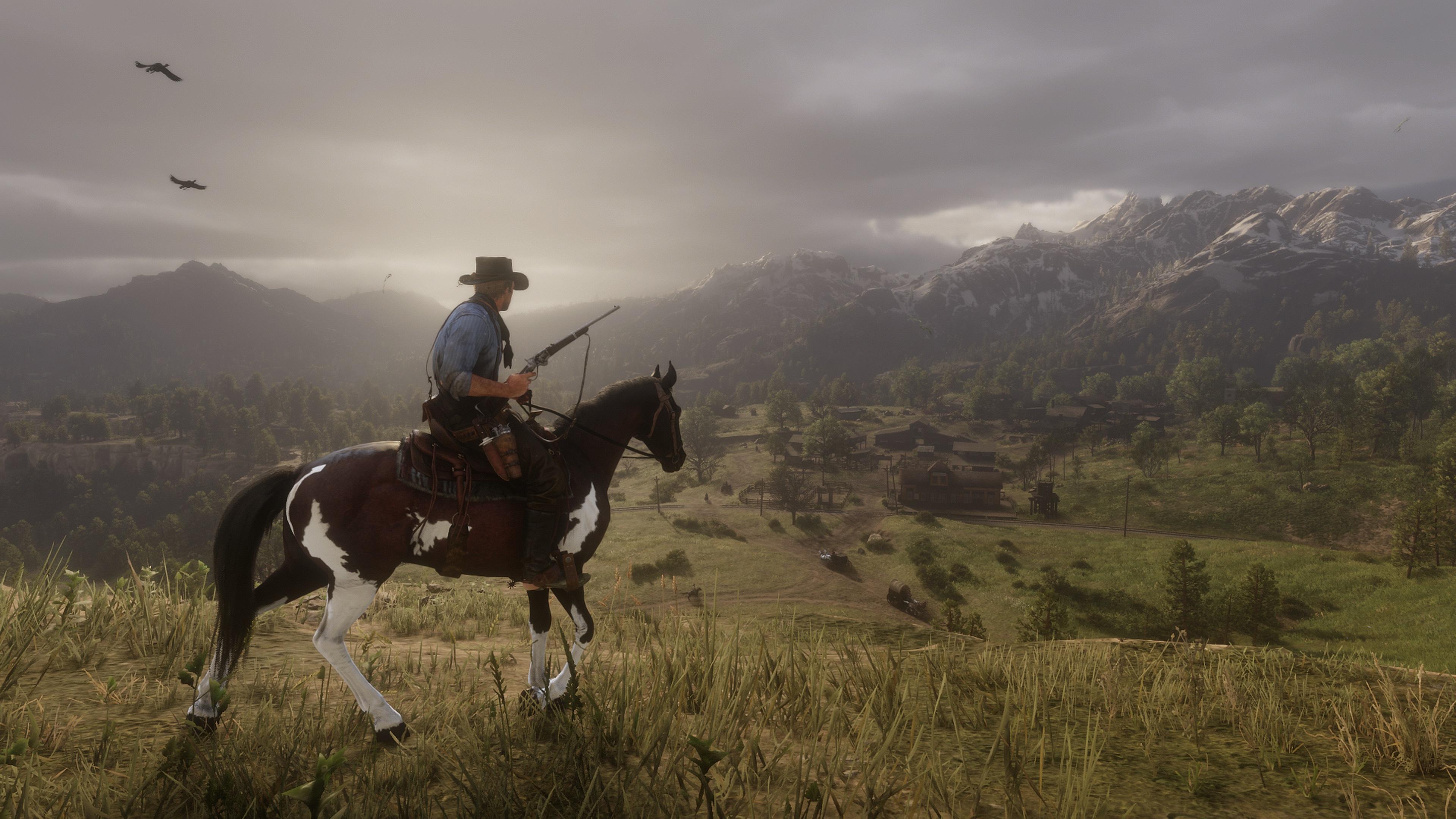 Red Dead Redemption 2 screenshot cavalier devant plaines vertes