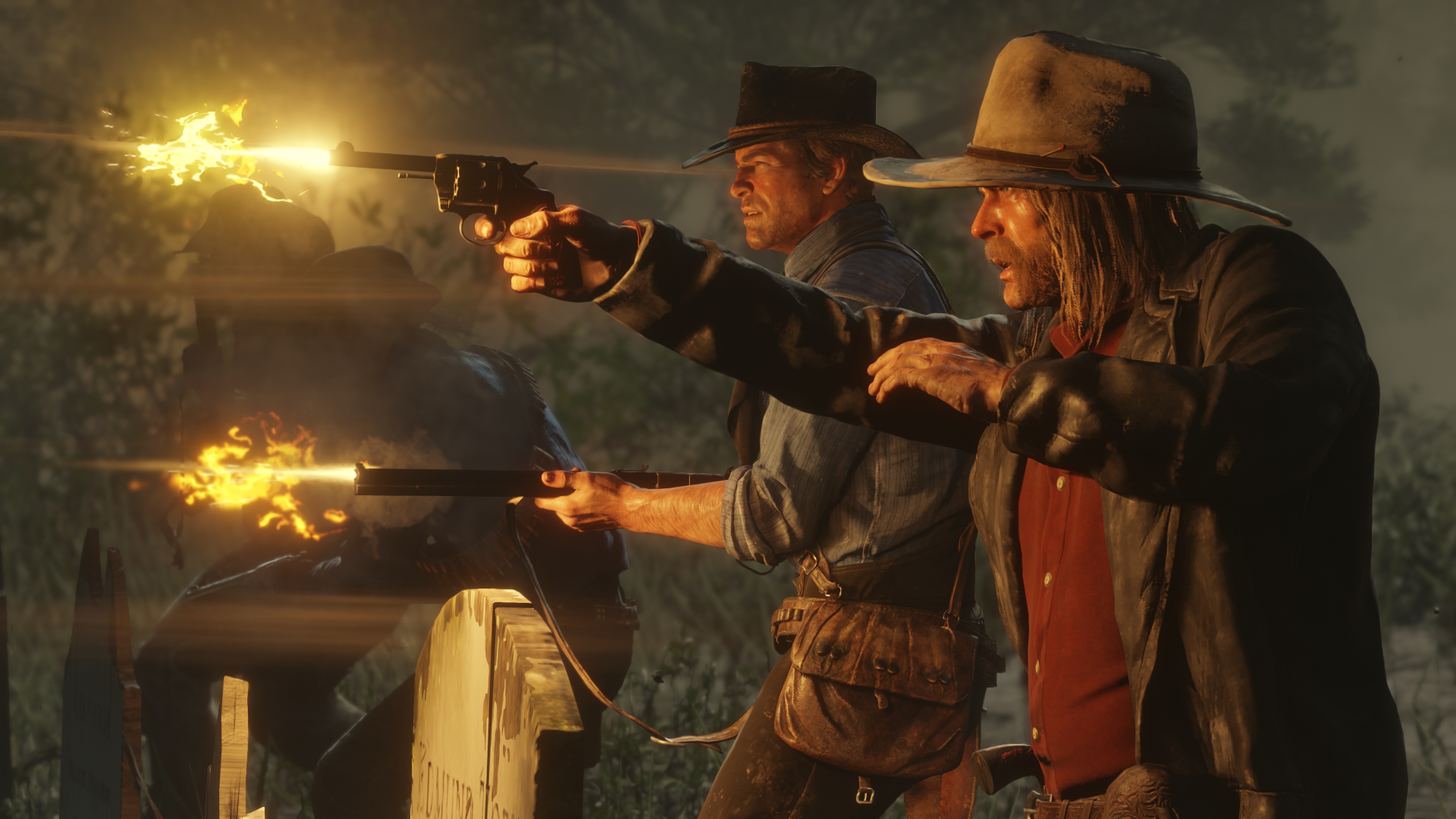 Red Dead Redemption 2 screenshot morgan et un allié faisant feu de profil