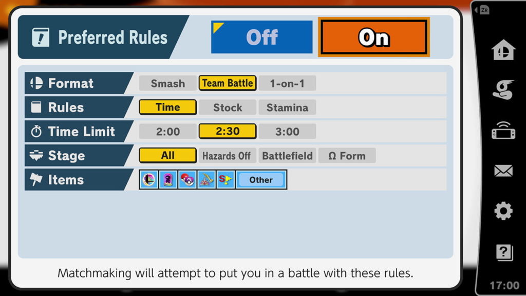 Les différentes règles que vous pourrez définir pour vos recherches de parties en ligne de Super Smash Bros Ultimate