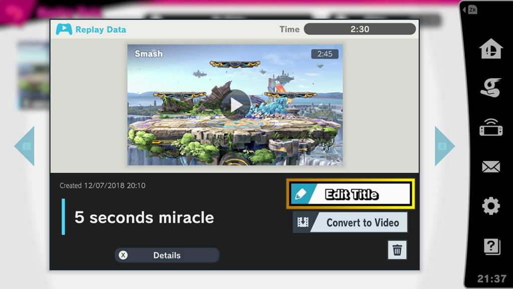 L'écran d'enregistrement de replay de Super Smash Bros Ultimate