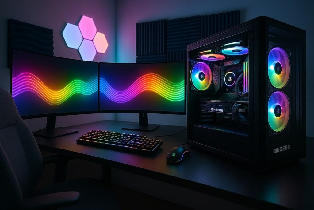Setup de PC gamer avec eclairage RGB, deux ecrans incurves, clavier mecanique et boitier Ginger6 aux ventilateurs multicolores